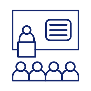 Illustration of a classroom session, with a teacher speaking to a group of students