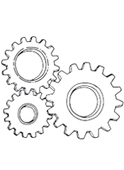 Three illustrated mechanical cogs, meshed together